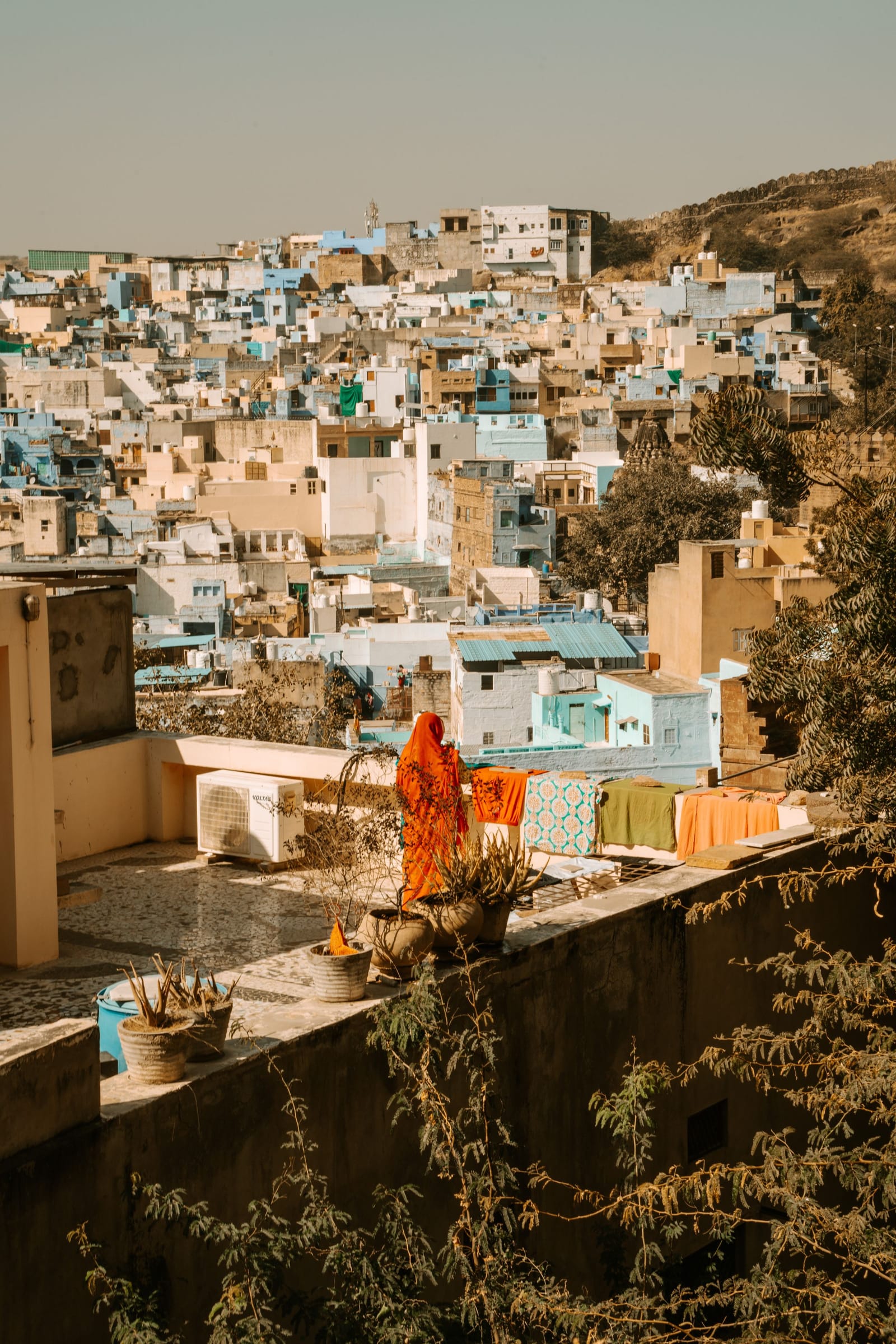 A woman on a rooftop looking out over thousands of blue houses in Jodhpur.